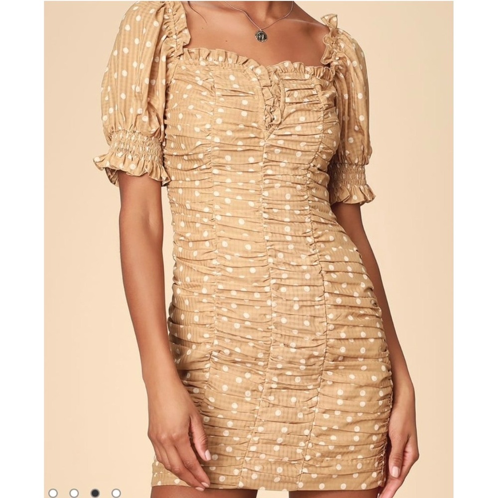 Finders Keepers Mini Dress Womens S Tan Polka Dot Ruched Puff Sleeveโ Bodycon